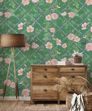 Load image into Gallery viewer, Treilage Wallpaper • Floral Wallpaper • Forest Green • Insitu