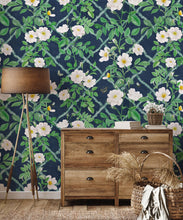 Load image into Gallery viewer, Treilage Wallpaper • Floral Wallpaper • Royal Blue • Insitu
