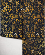 Load image into Gallery viewer, Herbarium Antique Metallic Wallpaper - Colourway: Dark Navy (Gold) - Roll