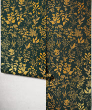 Load image into Gallery viewer, Herbarium Antique Metallic Wallpaper - Colourway: Forest Green (Gold) - Roll