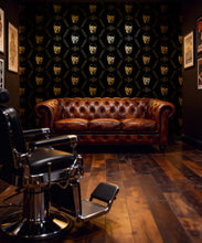 Load image into Gallery viewer, Skull &amp; Bee Metallic Wallpaper - Colourway: Black (Gold) - Insitu