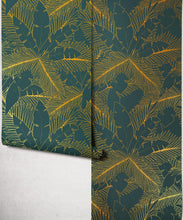Load image into Gallery viewer, Art Deco Palm Metallic Wallpaper - Colourway: Forest Green (Gold) - Roll