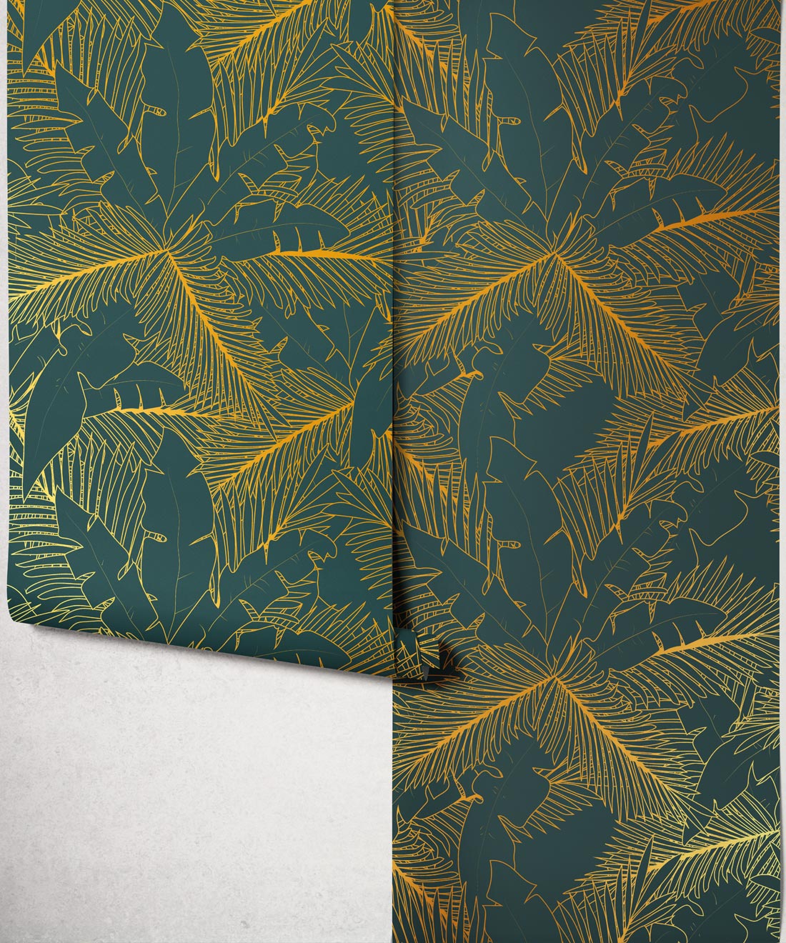 Art Deco Palm Metallic Wallpaper - Colourway: Forest Green (Gold) - Roll