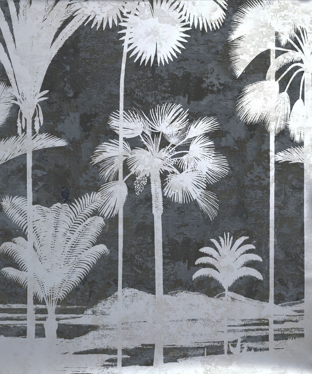 Shadow Palms Metallic Mural - Colourway: Navy (Silver) - Swatch