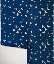 Load image into Gallery viewer, Butterflies Metallic Wallpaper - Colourway: Navy (Silver) - Roll