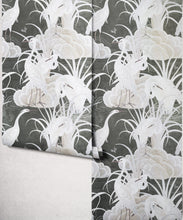 Load image into Gallery viewer, Water Birds Metallic Wallpaper - Colourway: Charcoal (Silver) - Roll