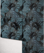 Load image into Gallery viewer, Water Birds Metallic Wallpaper - Colourway: Night (Silver) - Roll