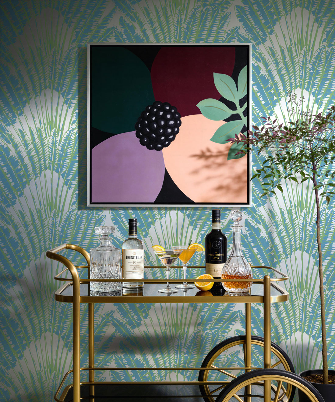 Feather Palm Metallic Wallpaper - Colourway: Sea Breeze (Silver) - Insitu
