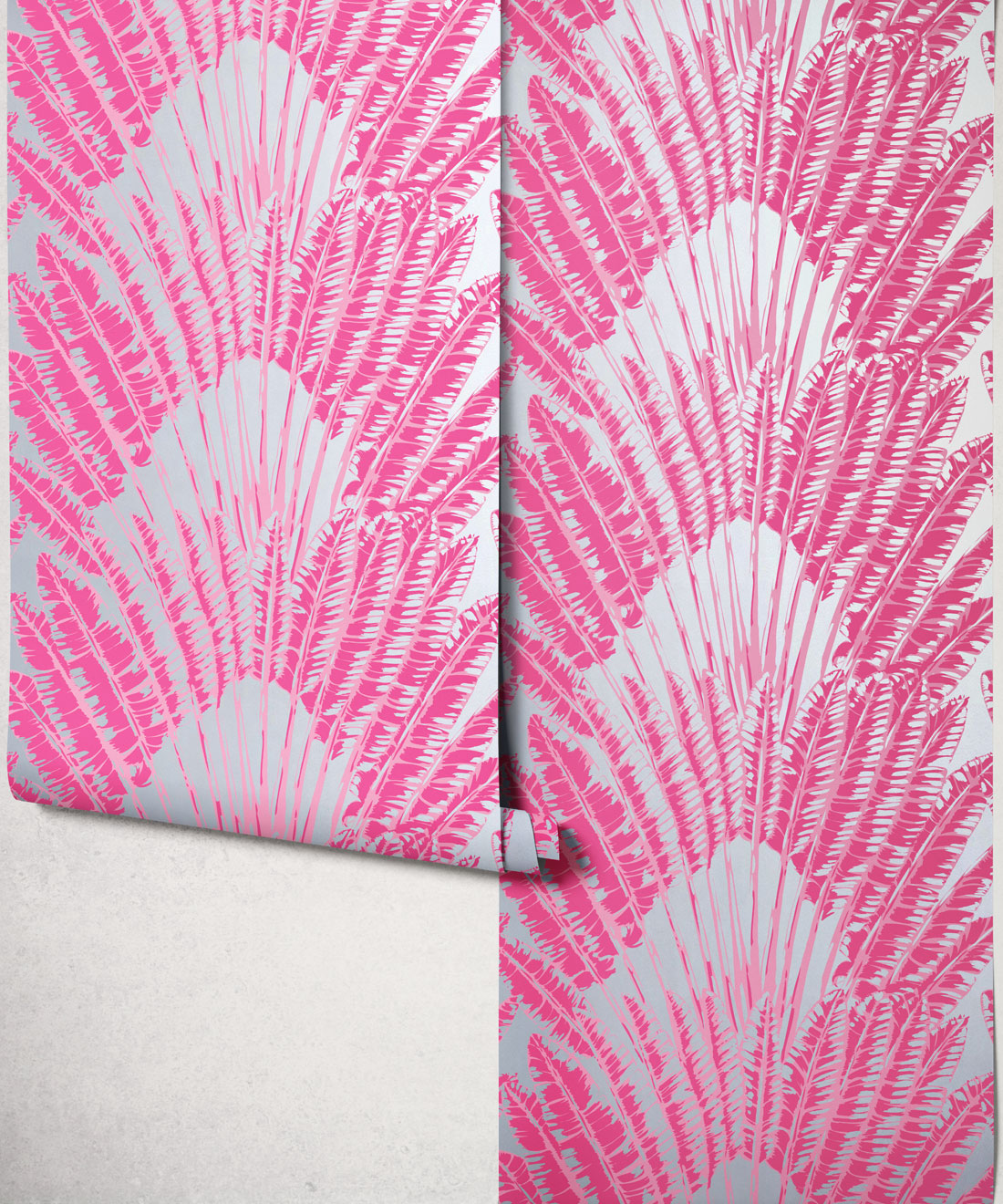 Feather Palm Metallic Wallpaper - Colourway: Pink Breeze (Silver) - Roll