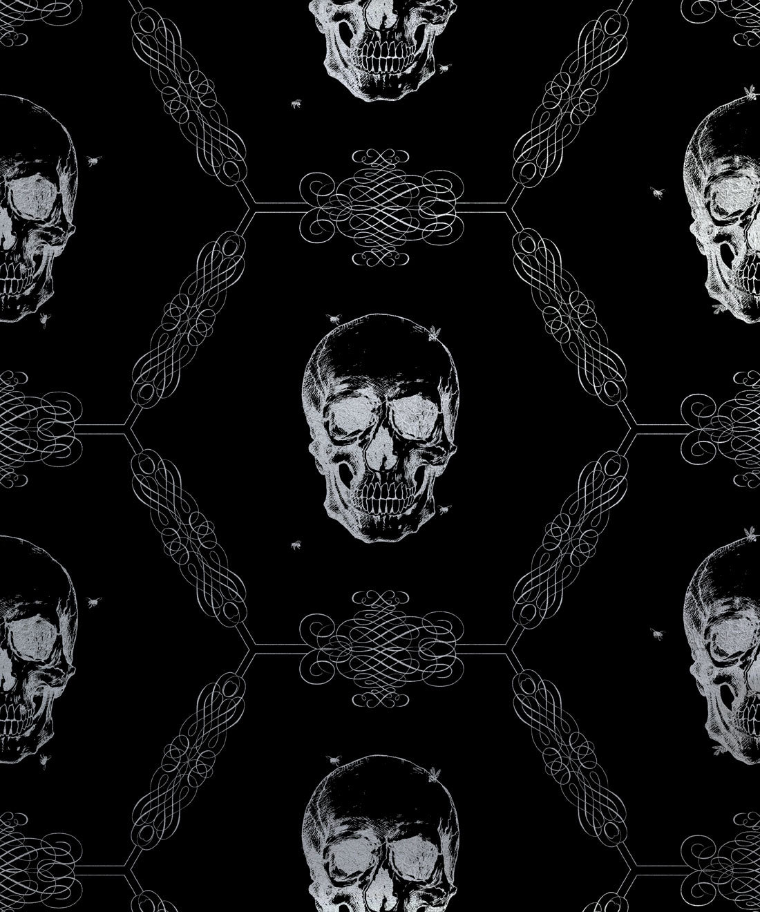 Skull & Bee Metallic Wallpaper - Colourway: Black (Silver) - Swatch