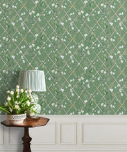 Load image into Gallery viewer, Petite Climbing Sweet Pea Wallpaper • Dark Green &amp; Cane • Insitu