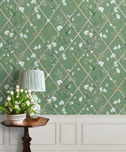 Load image into Gallery viewer, Grande Climbing Sweet Pea Wallpaper • Dark Green &amp; Cane • Insitu