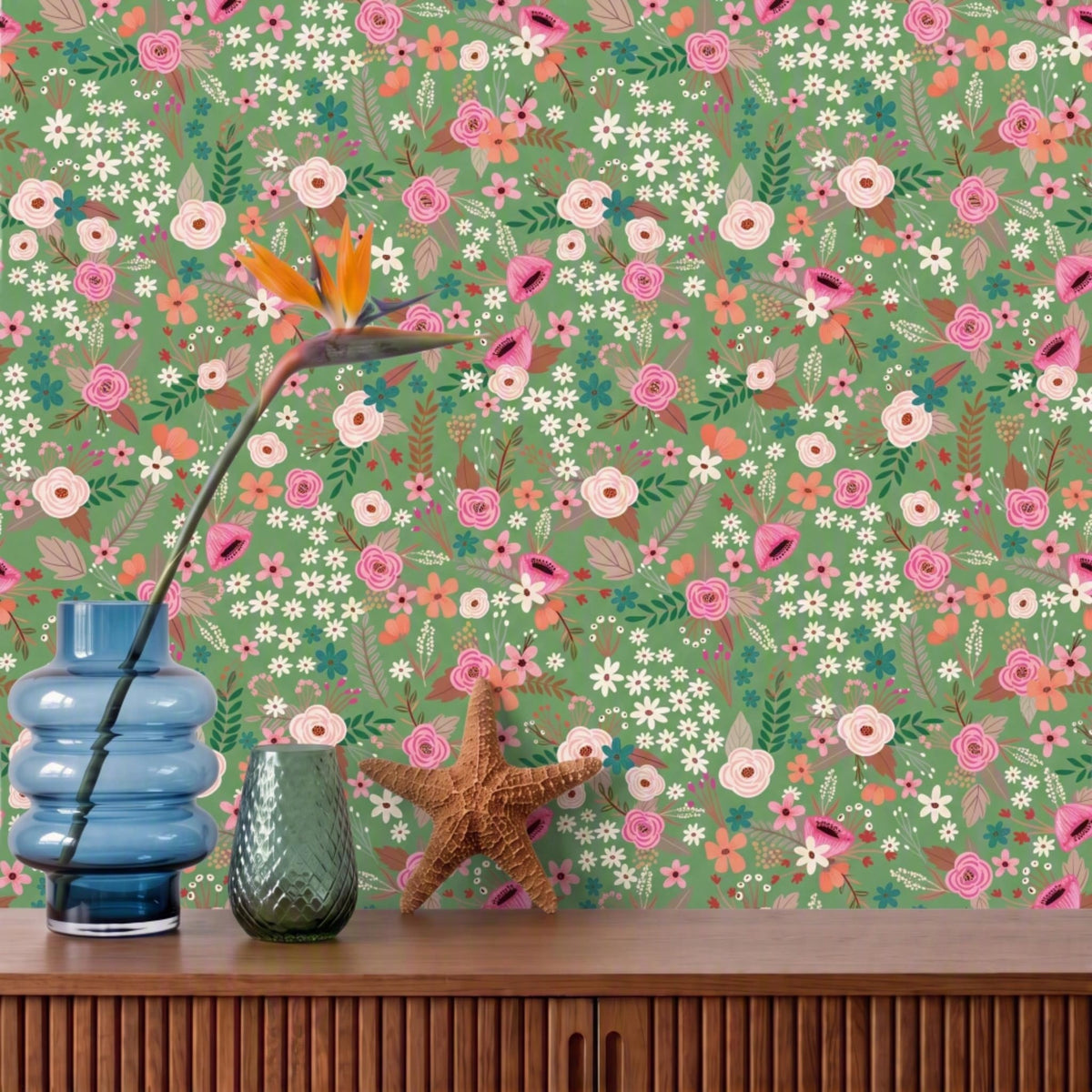 Sophie Floral Peel and Stick Wallaper - Green room view