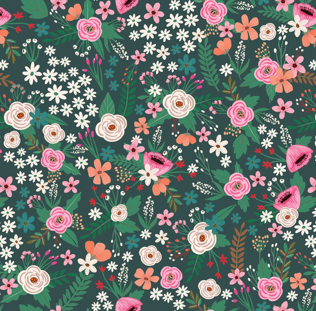 Sophie Floral Peel and Stick Wallaper - Dark Green pattern