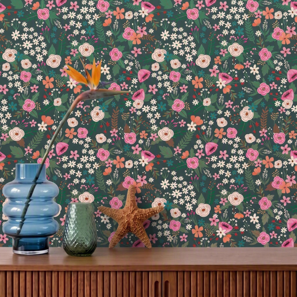 Sophie Floral Peel and Stick Wallaper - Dark Green room view