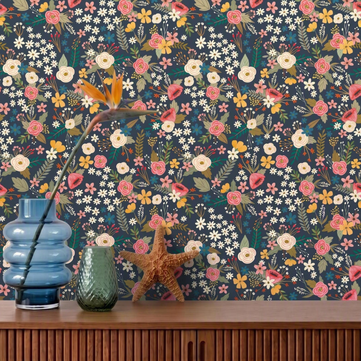 Sophie Floral Peel and Stick Wallaper - Black room view