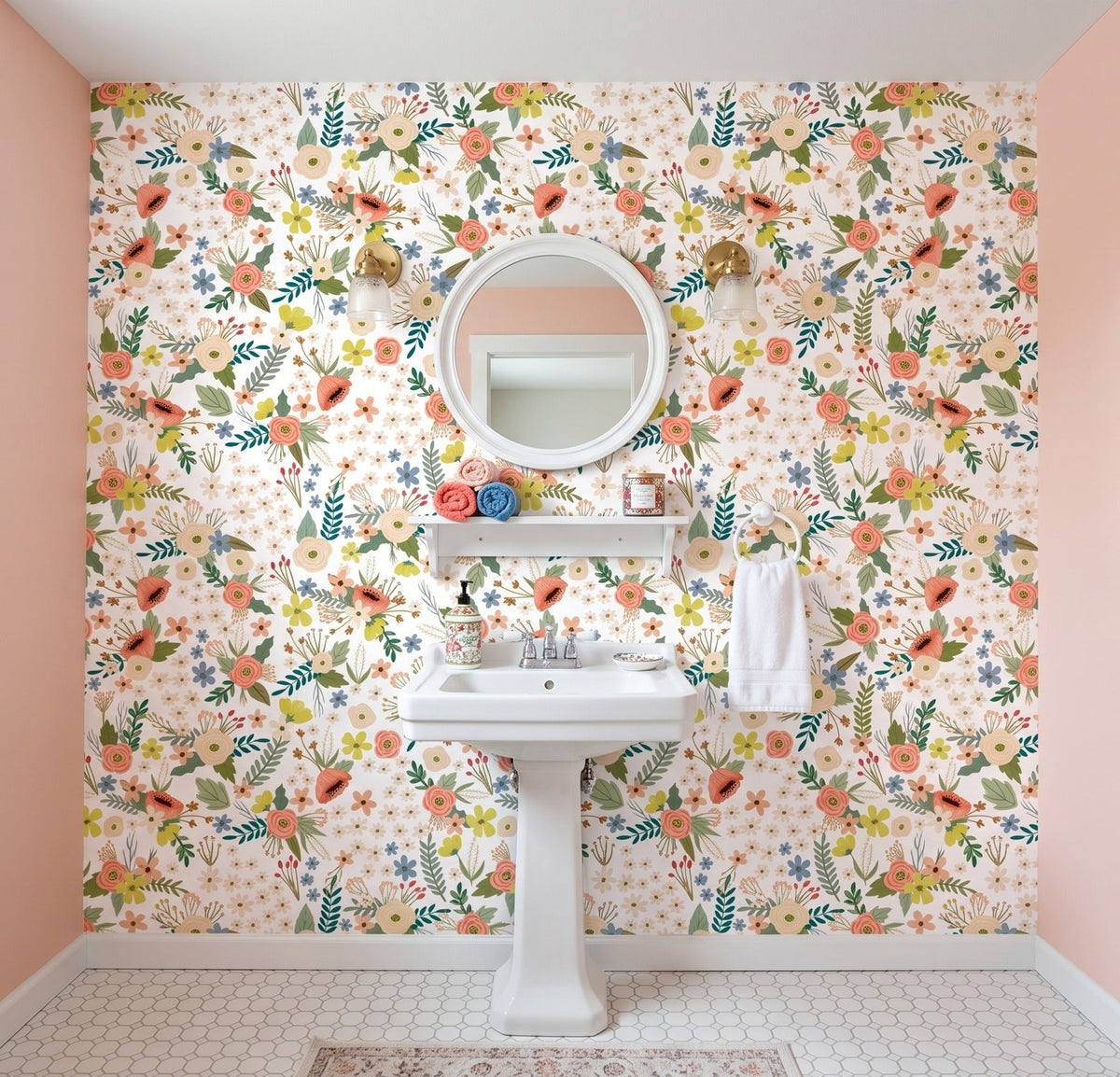 Sophie Floral Peel and Stick Wallaper - White room view