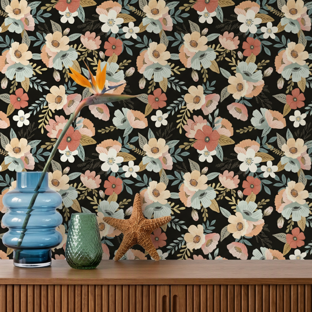 Forna Floral Peel and Stick Wallpaper - Black room view