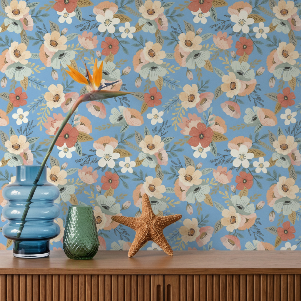 Forna Floral Peel and Stick Wallpaper - Blue room view