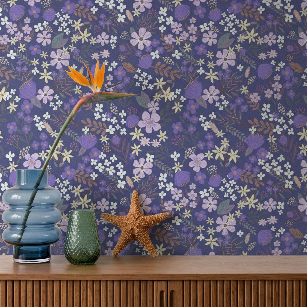 Margarida Floral Peel and Stick Wallpaper - Purple room view