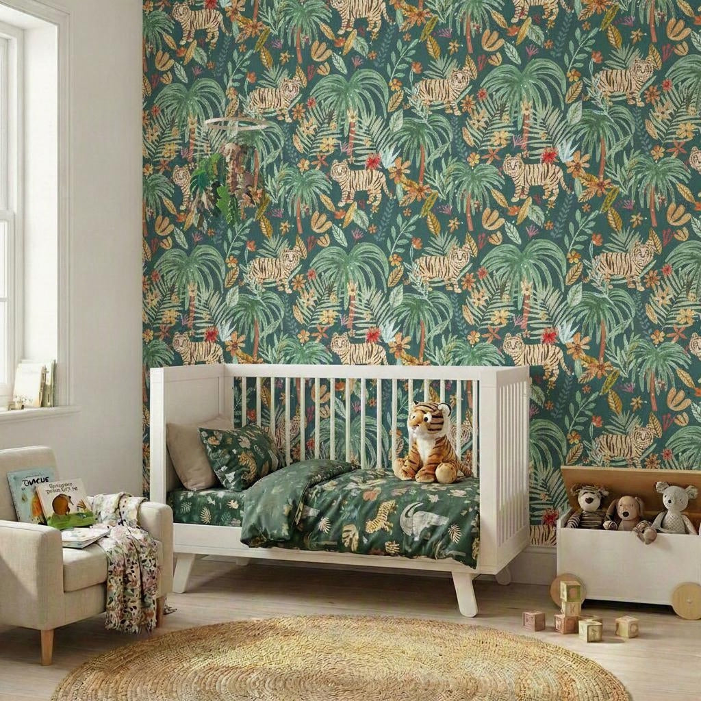 Jungle Jumboree Peel and Stick Wallpaper - Green room view