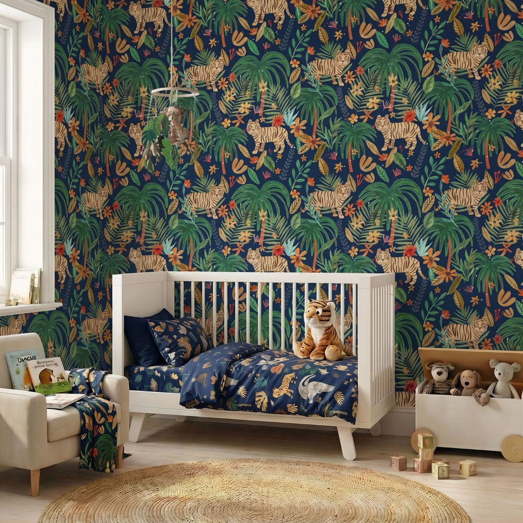 Jungle Jumboree Peel and Stick Wallpaper - Navy room view