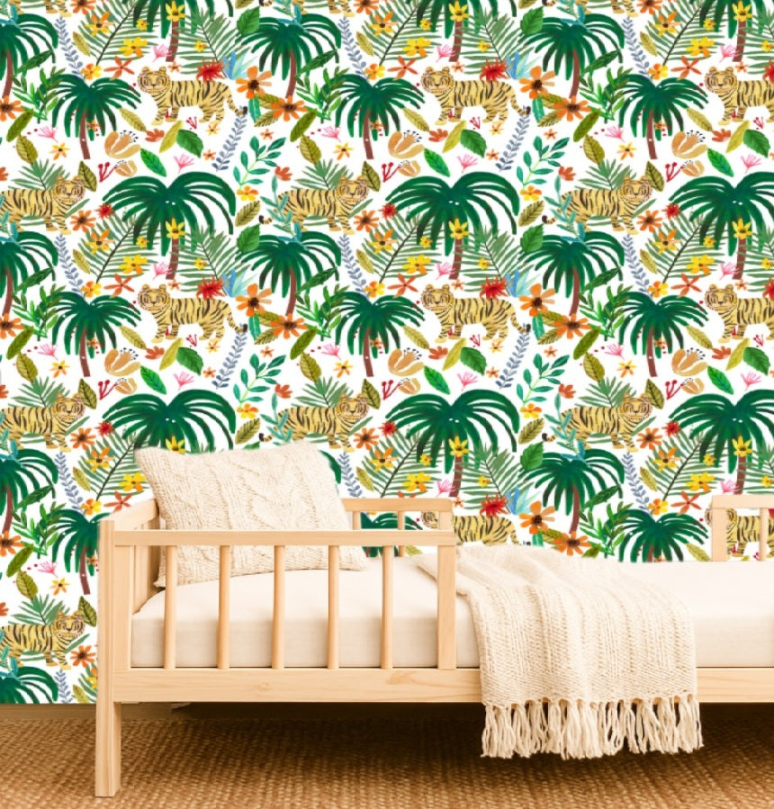Jungle Jumboree Peel and Stick Wallpaper - White room view