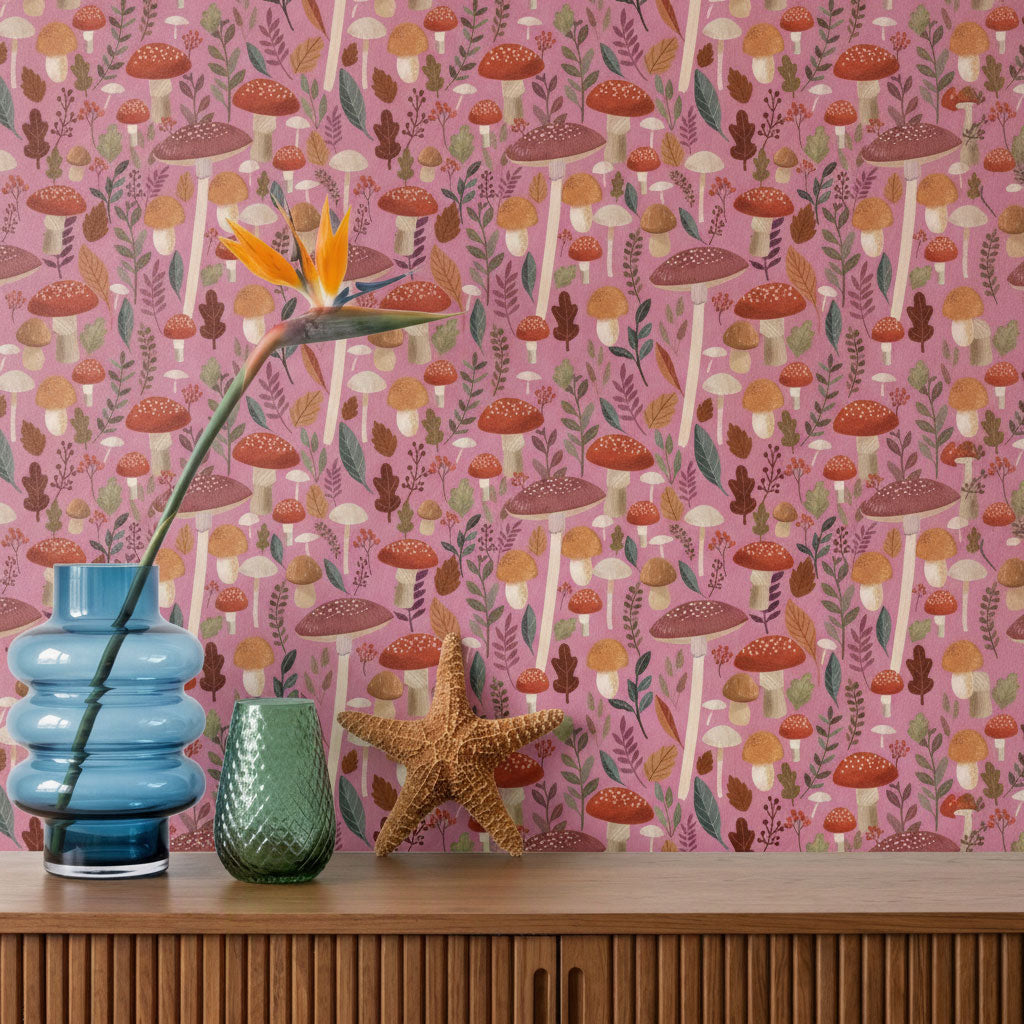 Mushroom Muse Peel and Stick Wallpaper - Pink room view