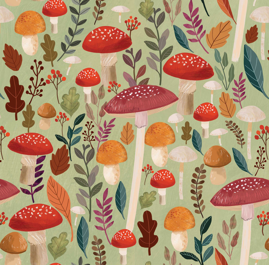 Mushroom Muse Peel and Stick Wallpaper - Green pattern