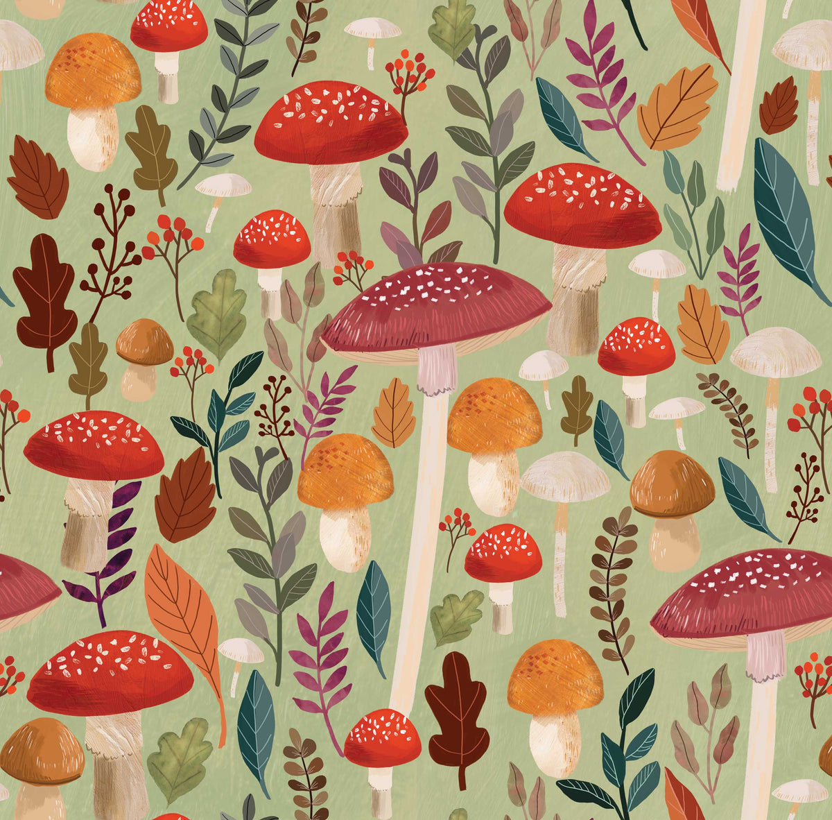 Mushroom Muse Peel and Stick Wallpaper - Green pattern