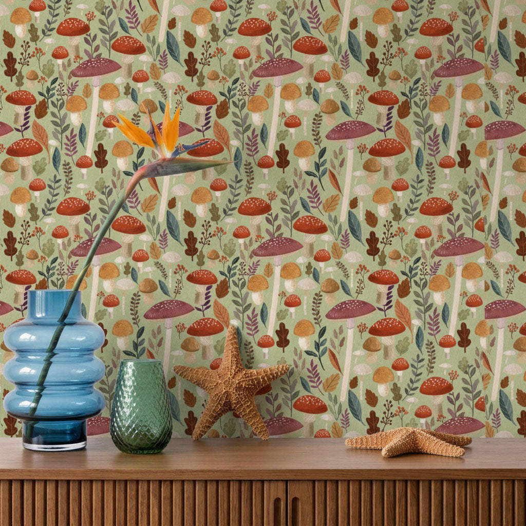 Mushroom Muse Peel and Stick Wallpaper - Green room view