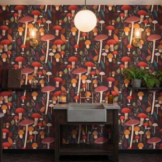 Mushroom Muse Peel and Stick Wallpaper - Black room view
