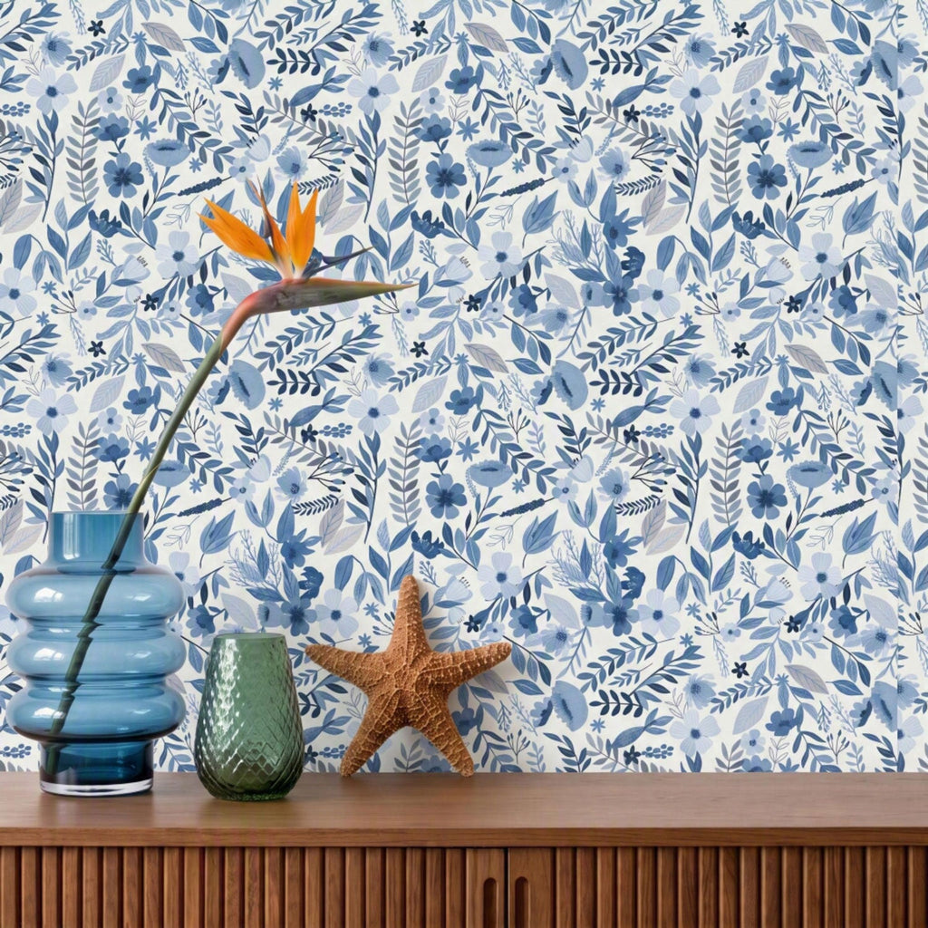 Emilie Floral Peel and Stick Wallpaper - Blue room view