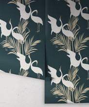 Load image into Gallery viewer, Dancing Brolga Wallpaper • Tropical Wallpaper • Forest Green• Roll