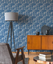 Load image into Gallery viewer, Bamboo Leaves Wallpaper • Classic Blue • Insitu