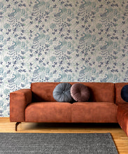Load image into Gallery viewer, Peonies &amp; Peacocks Wallpaper • Bosco Blue • Insitu