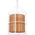white cage pendant with natural rattan shade
