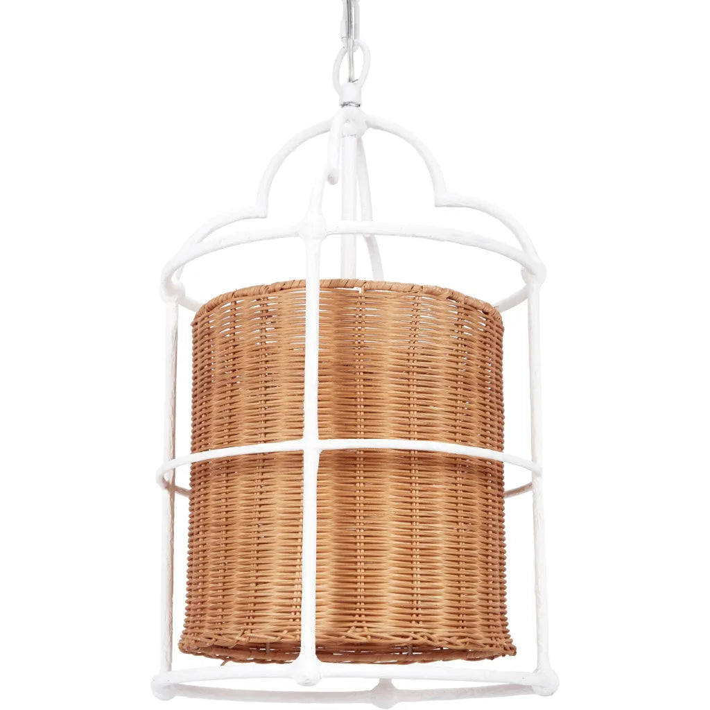 white cage pendant with natural rattan shade