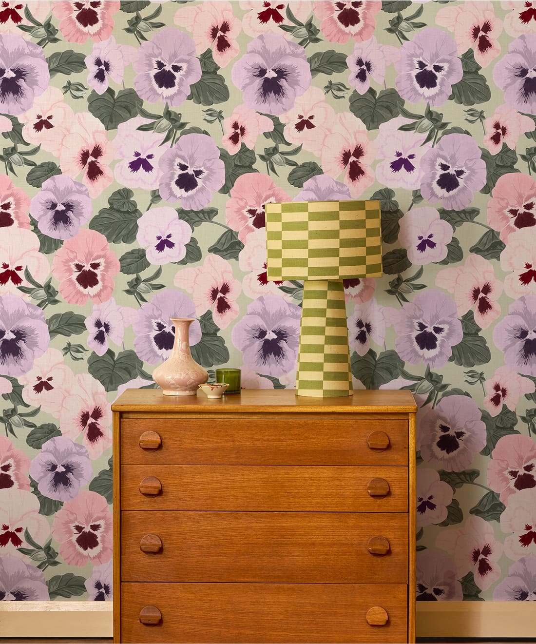 Big Pansy Wallpaper - Colorway: Pistachio - Poodle & Blonde Collection - Insitu