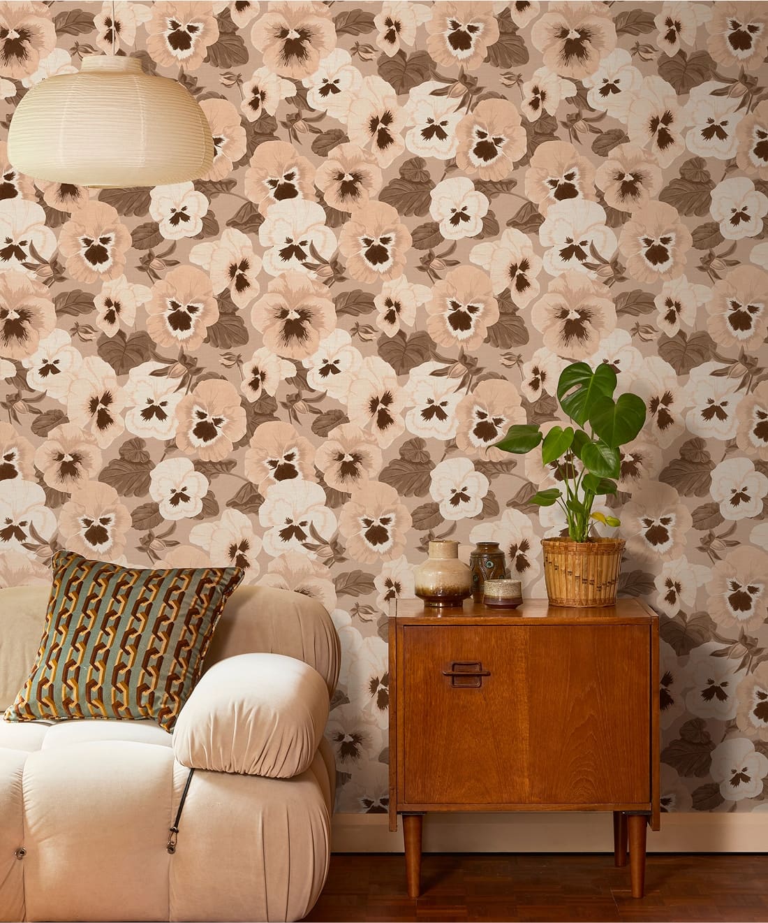 Big Pansy Wallpaper - Colorway: Tobacco - Poodle & Blonde Collection - Insitu