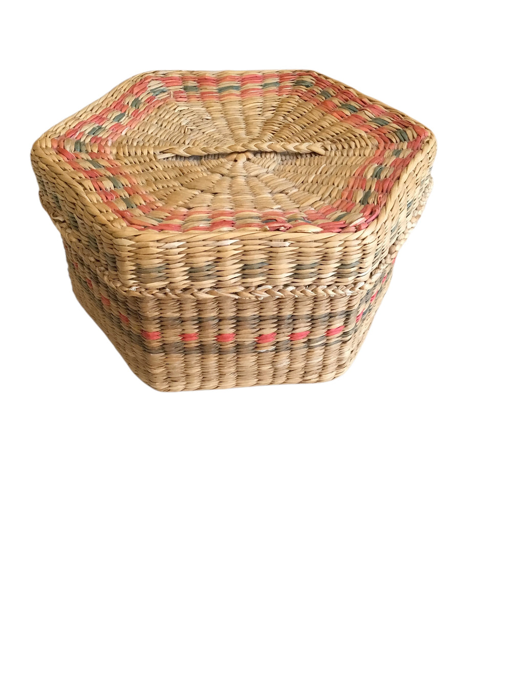 hand woven sweet grass hexagon basket w/ lid