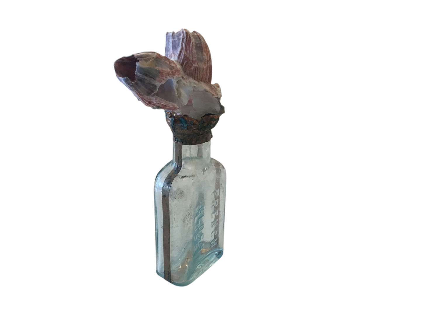 VINTAGE GLASS MEDICAL BOTTLE WITH BARNACLE TOP