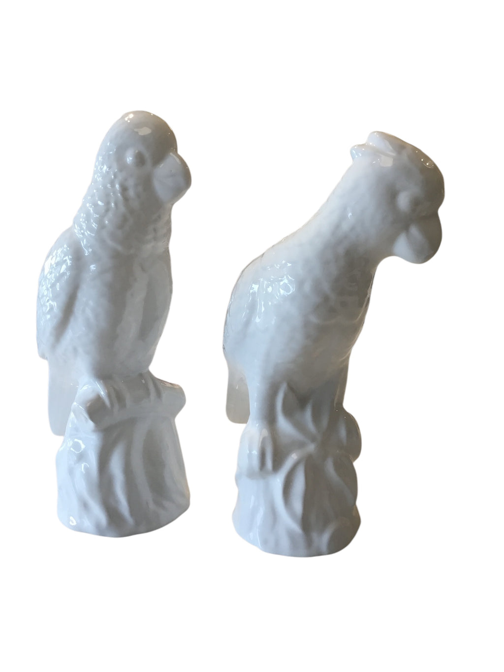 pair white ceramic parrots