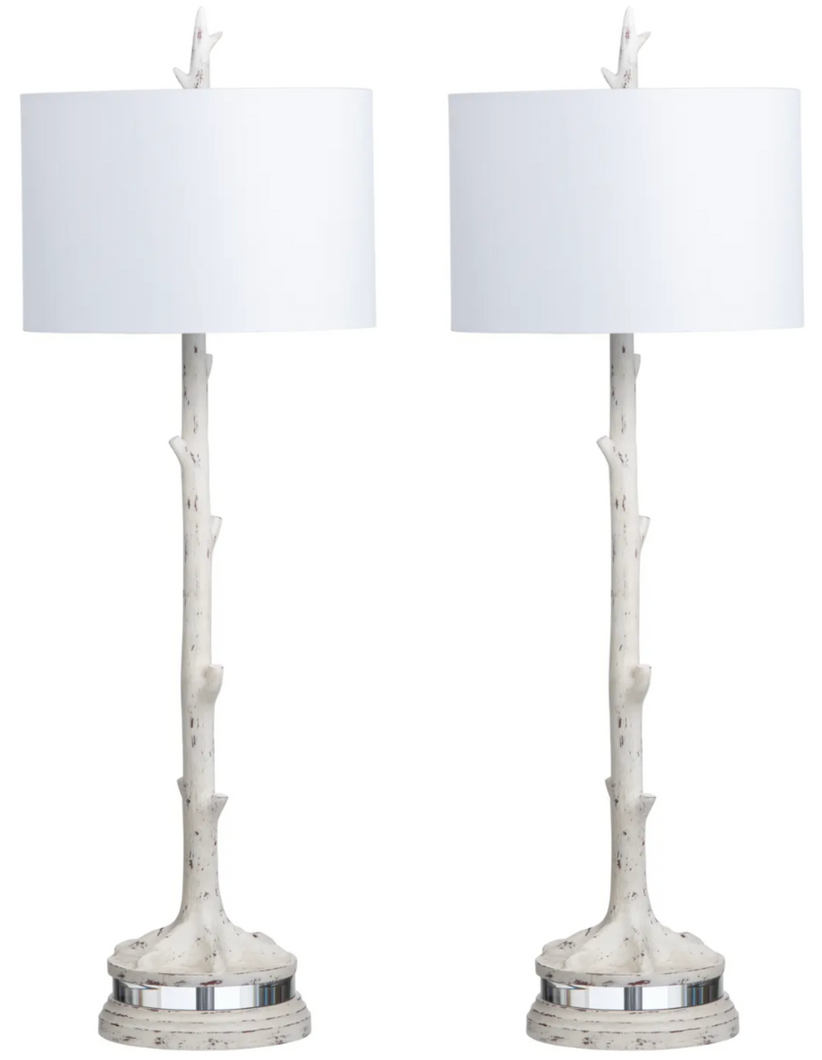 Pair White Faux Birch Buffet Lamp