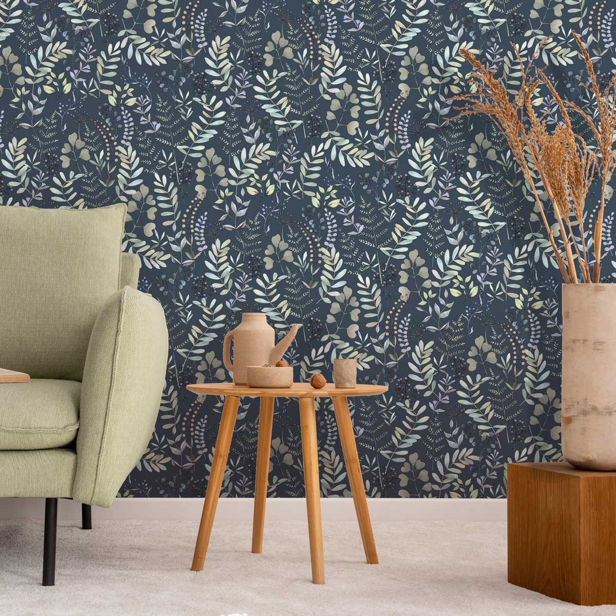 Olivia Botanical Wallpaper - Navy room view