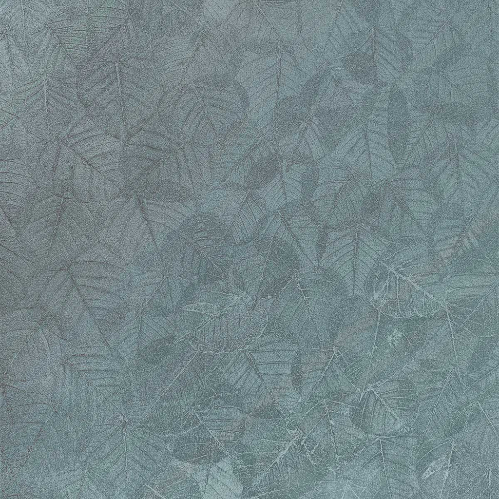 Luminous Leaf Collage Wallpaper - Turquoise on Foil pattern
