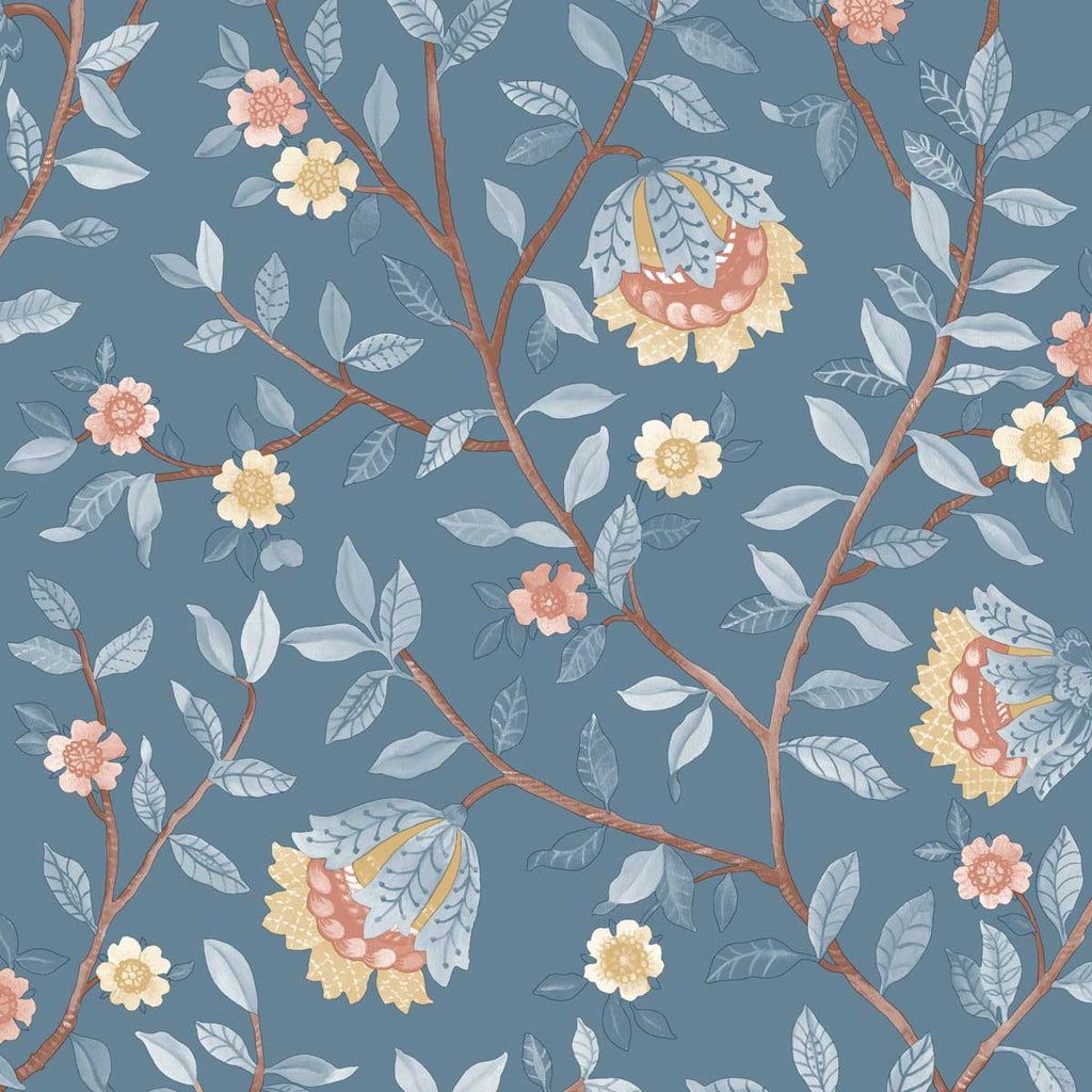 Vintage Botanical Blooms Wallpaper - Blue pattern
