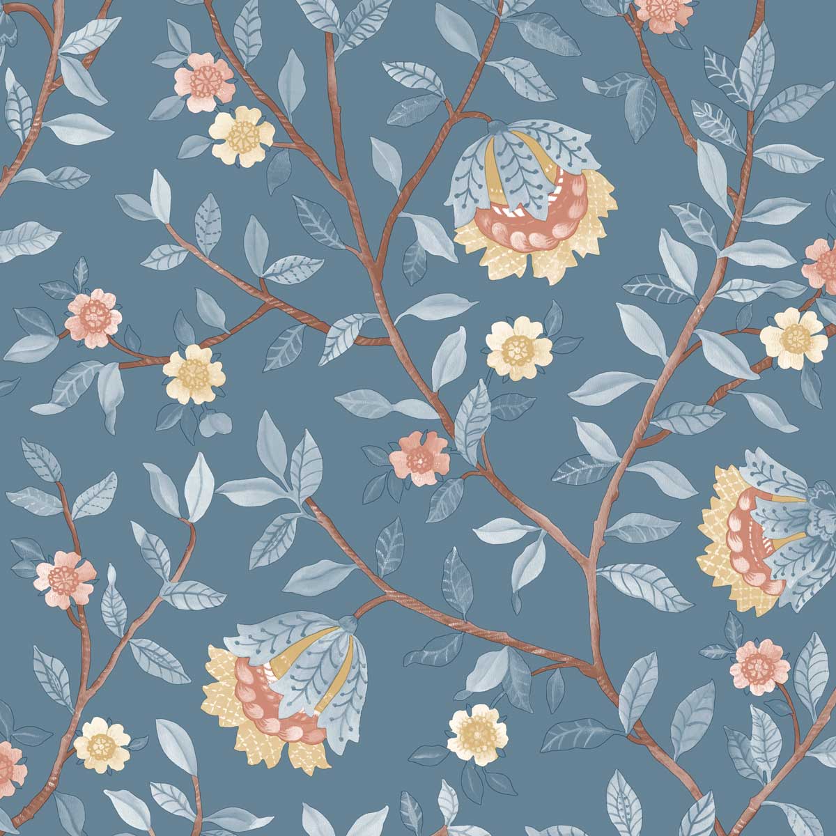Vintage Botanical Blooms Wallpaper - Blue pattern