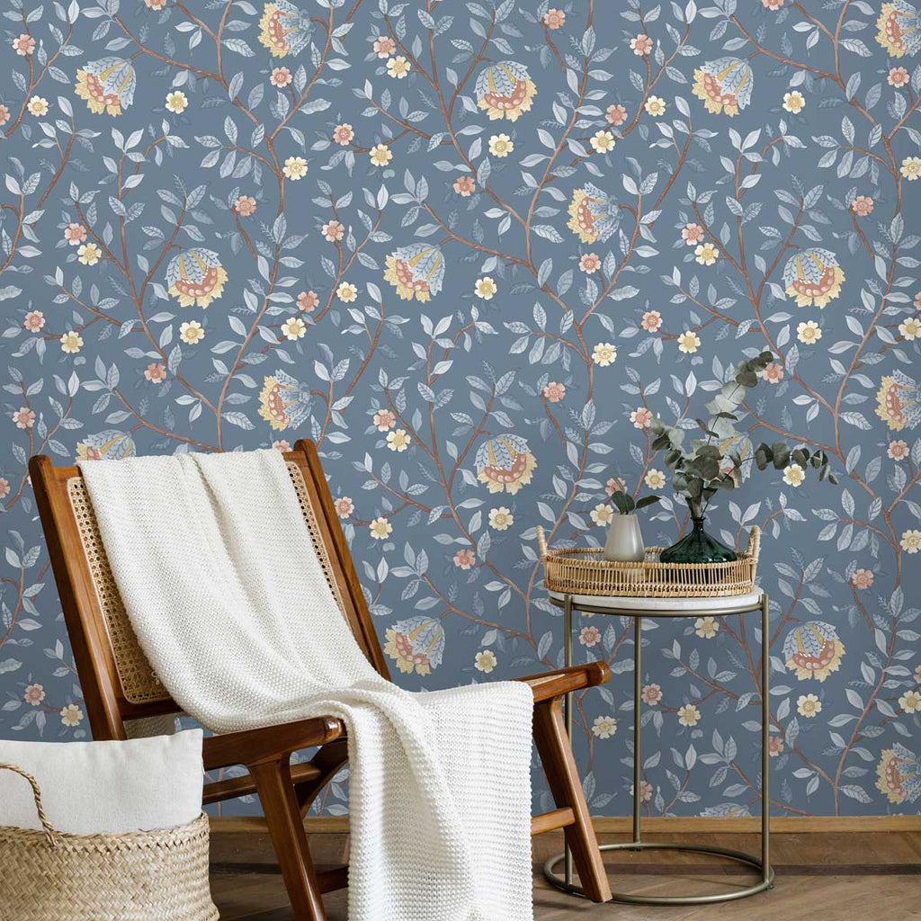 Vintage Botanical Blooms Wallpaper - Blue room view