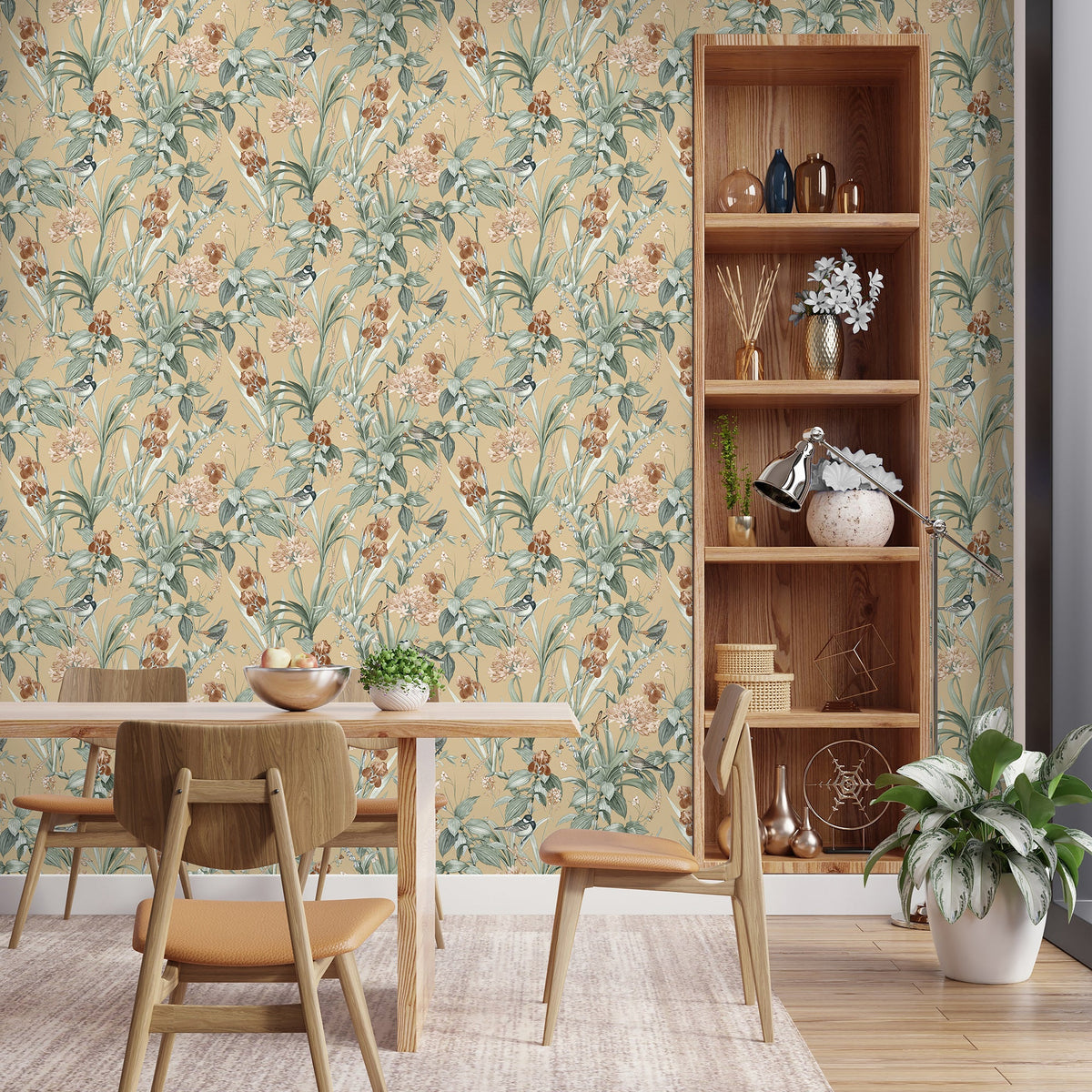 Mint Birds And Dragonflies Botanical Wallpaper - Ocher Ground room view